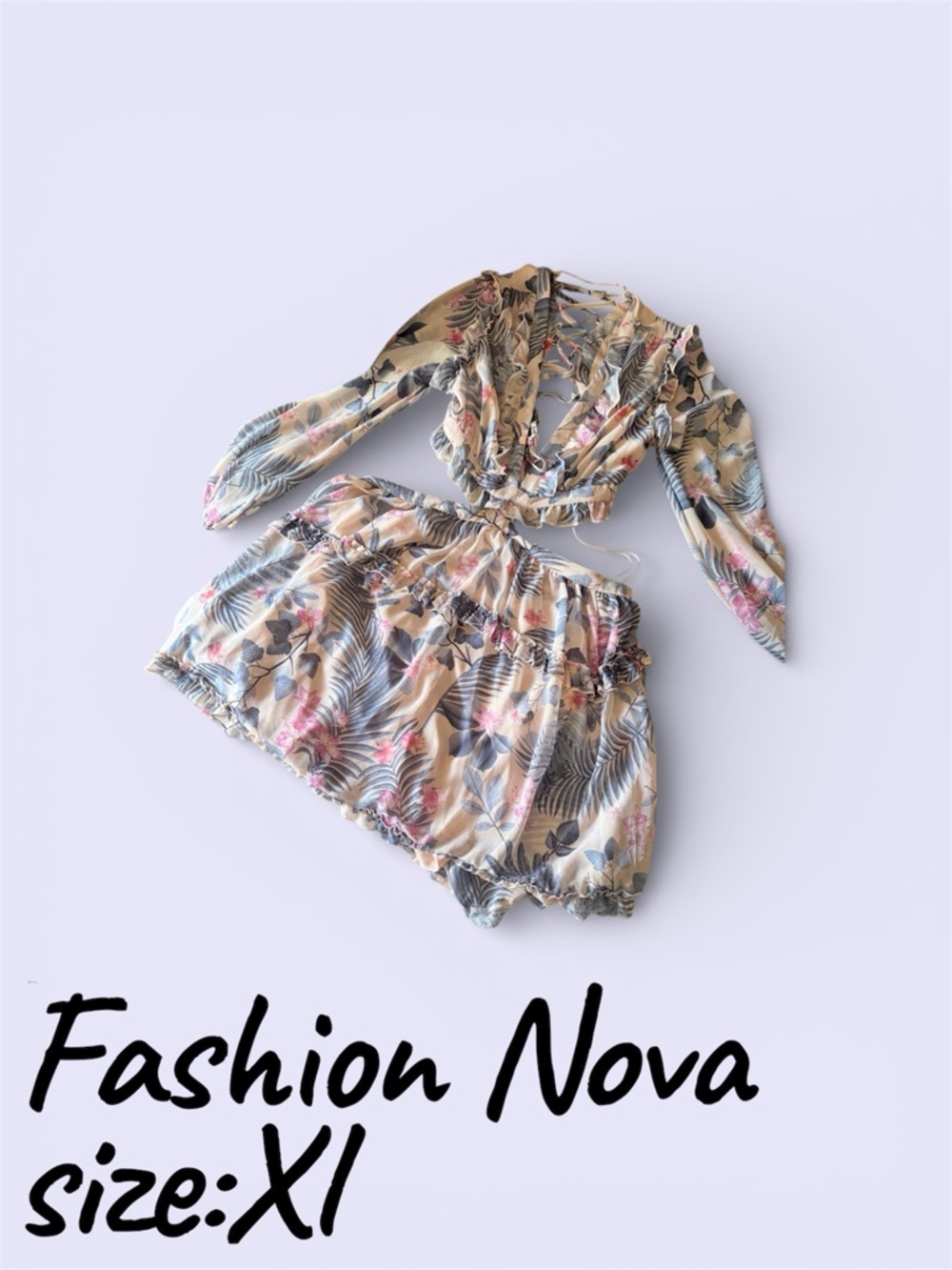 Fashion Nova Beige Tropical Print Long Sleeve Dress